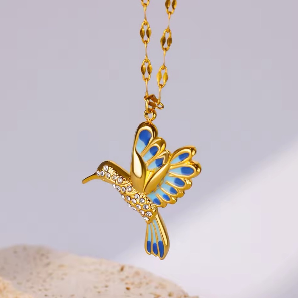 Gold Hummingbird Pendant Necklace with Blue Enamel & Rhinestones